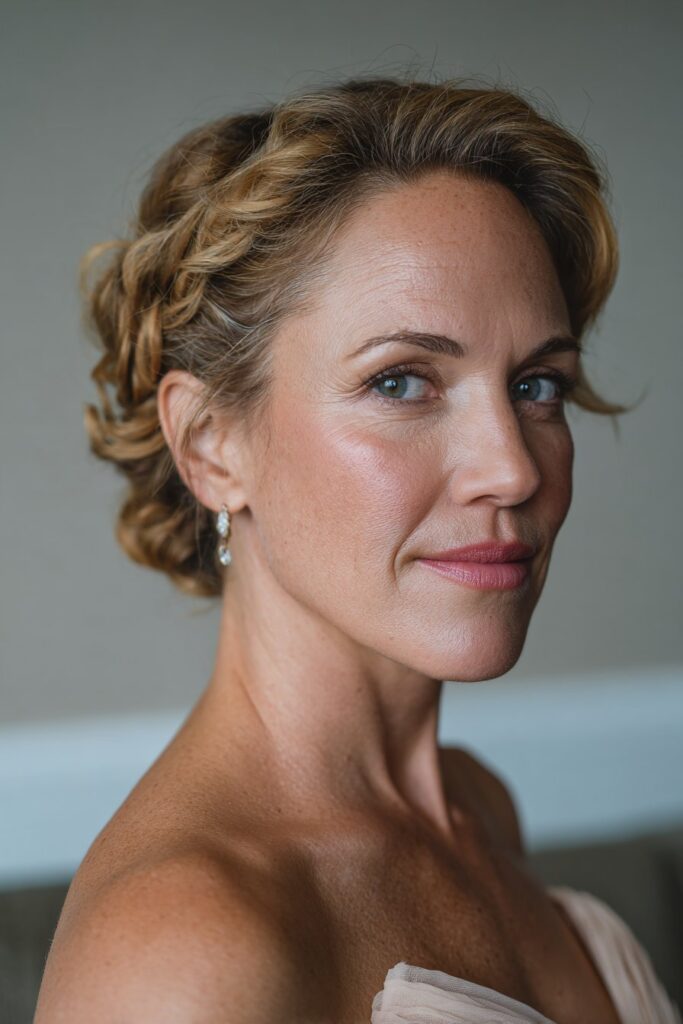 Textured twisted low updo for short hair mother of the bride