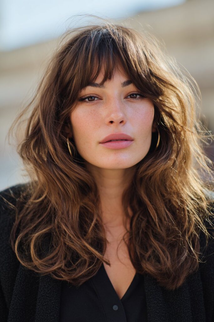 Medium U-shaped layered haircut with curtain bangs