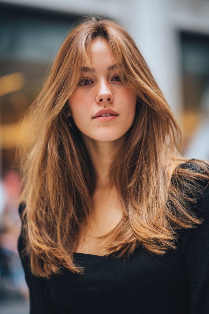 Medium length V cut layered hairstyle with flow