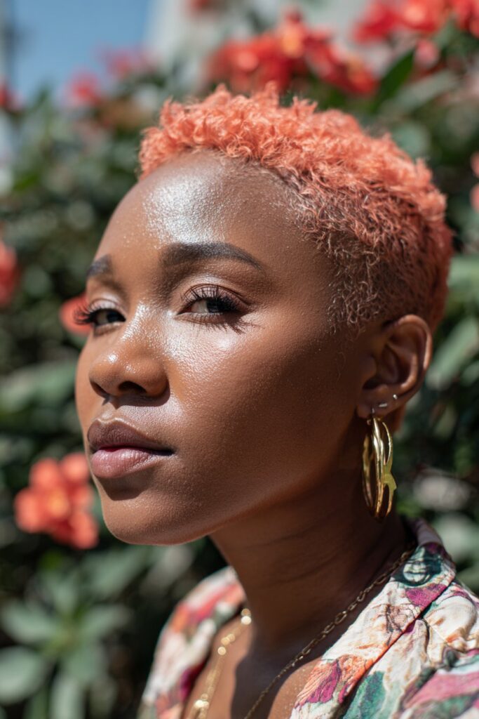 Vibrant coral pixie cut spring hairstyle for Black women
