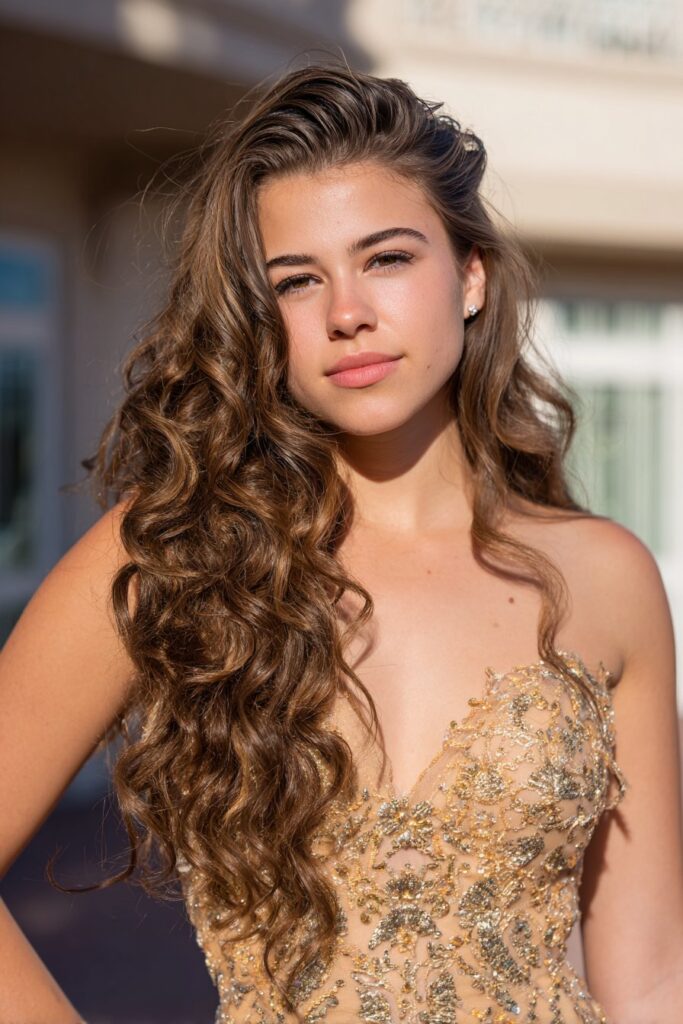 Voluminous curled prom hairstyle for long hair