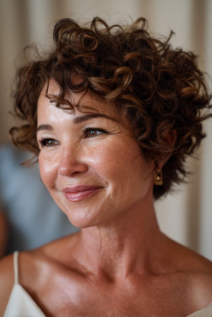 Voluminous curly bob hairstyle for mother of the bride