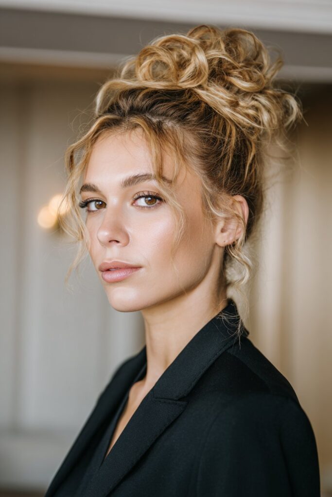 Voluminous high bun fancy hairstyle with added height