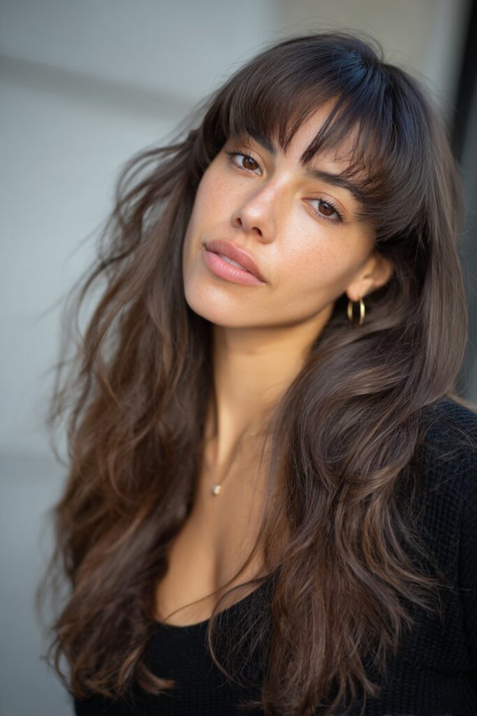 Voluminous long blended curtain bangs with lift