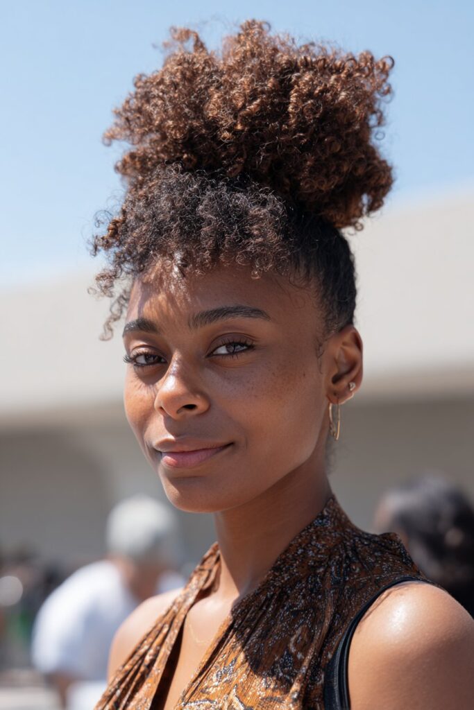 Voluminous pineapple bun curly hairstyle for Black hair
