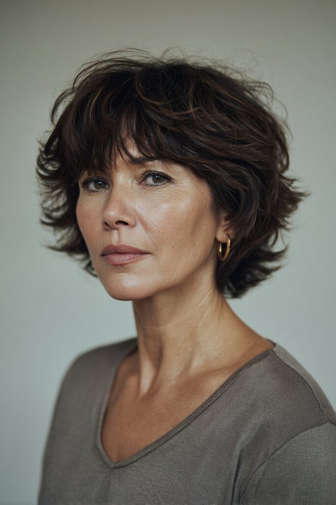 Short shag haircut for women over 50 with choppy bangs and volume