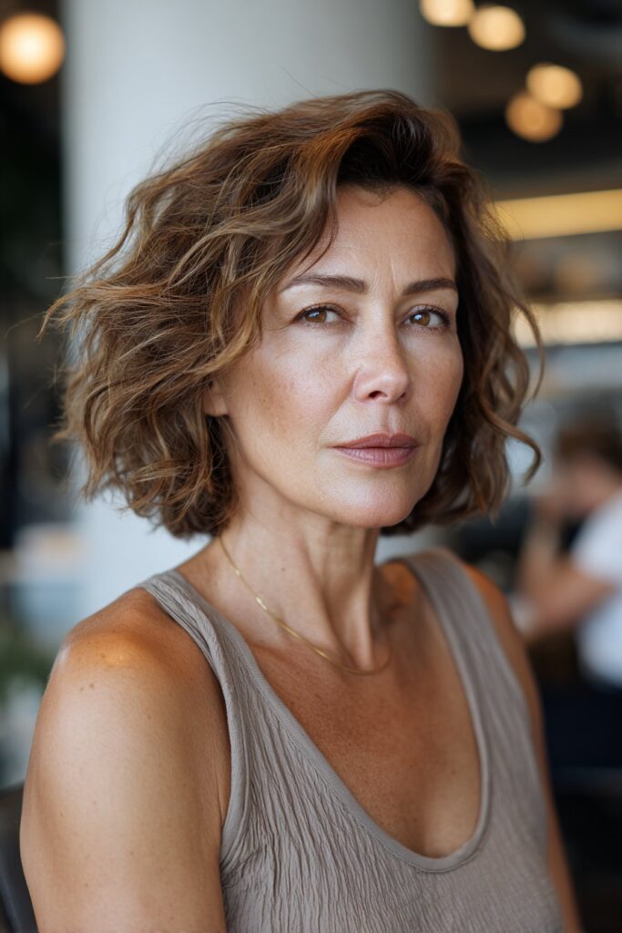 Shoulder-length wavy haircut for women over 50 easy wash and wear style