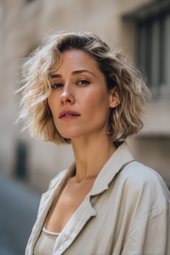 Wavy lob haircut for frizzy hair with face-framing layers