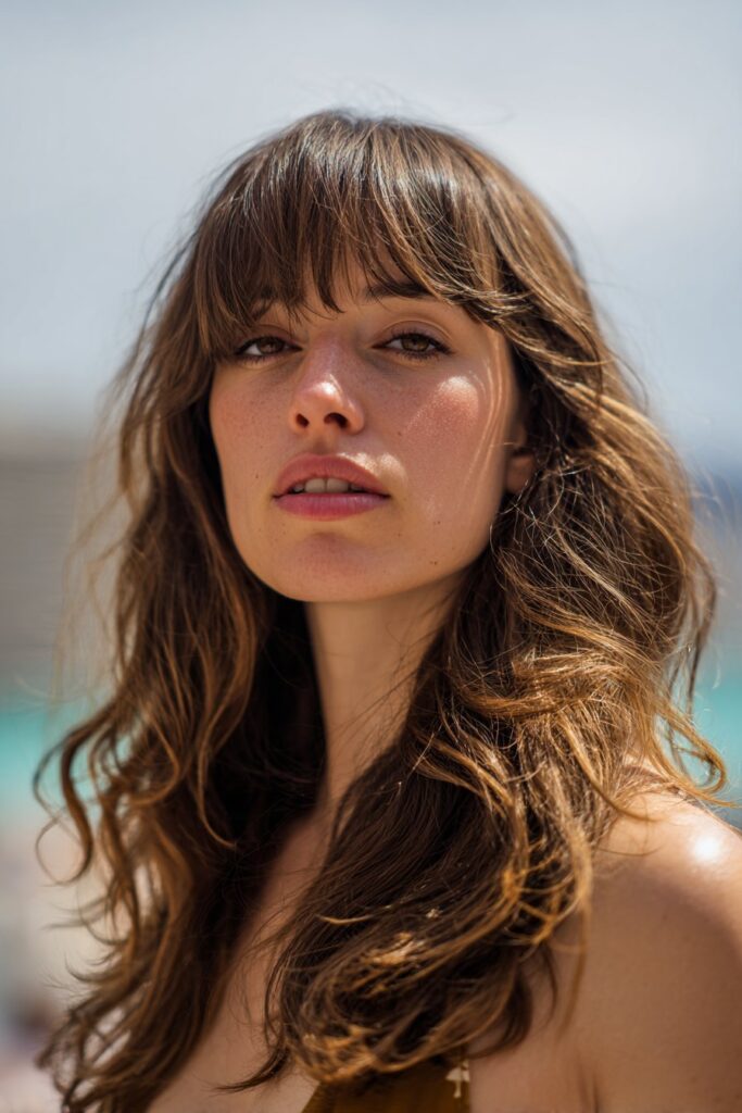 Wavy shag haircut with long curtain bangs and soft flow