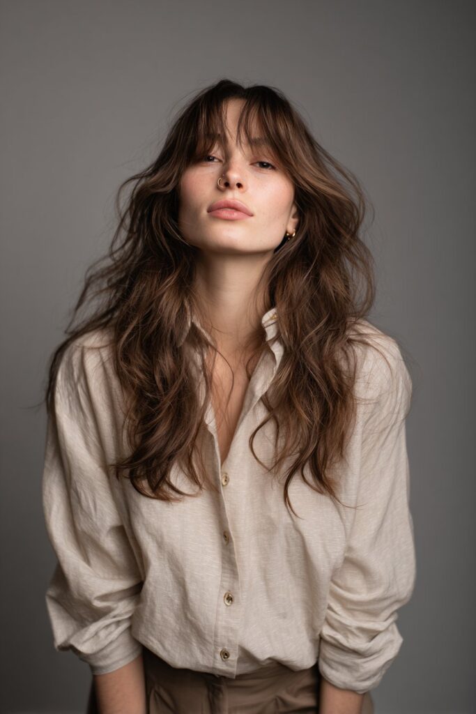 Long wavy hair with wispy curtain bangs and soft texture