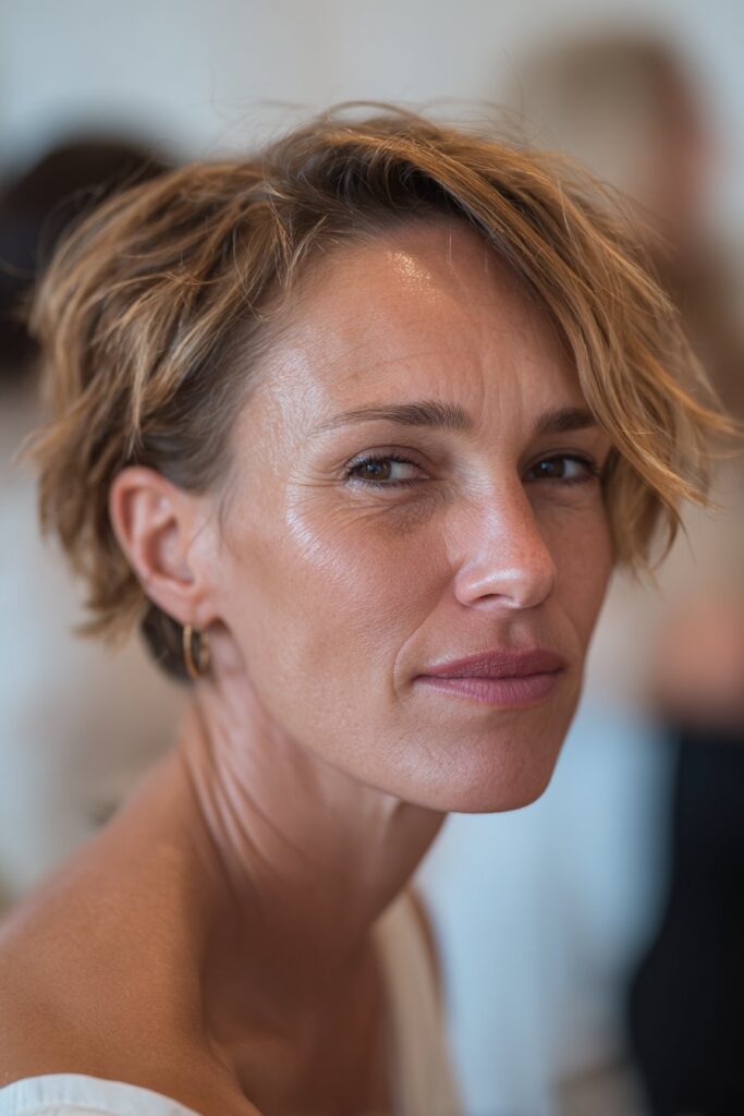 Wispy layered short crop haircut for mother of the bride