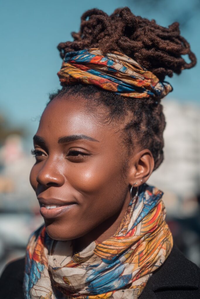 Wrapped locs updo hairstyle with scarf