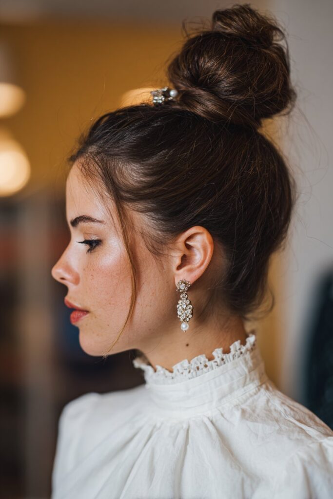 High bun formal hairstyle with hair accessories