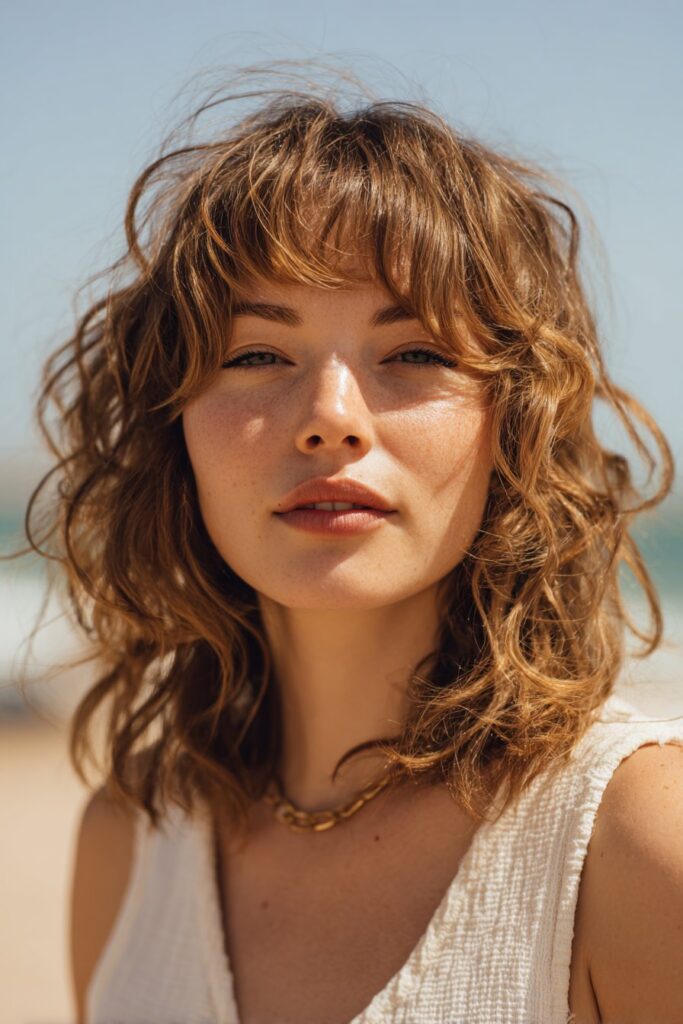 Beachy waves hairstyle with curtain bangs and soft layers