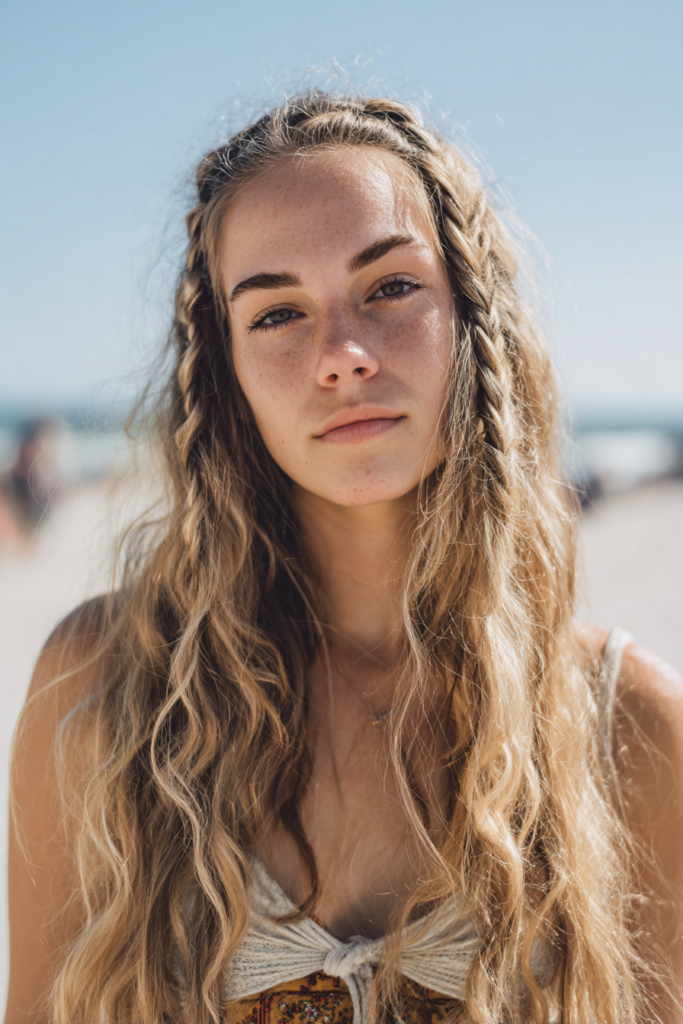 Bohemian braided beachy waves hairstyle with texture