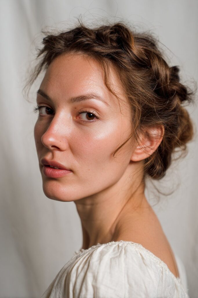 Boho braided crown half up half down hairstyle with soft waves