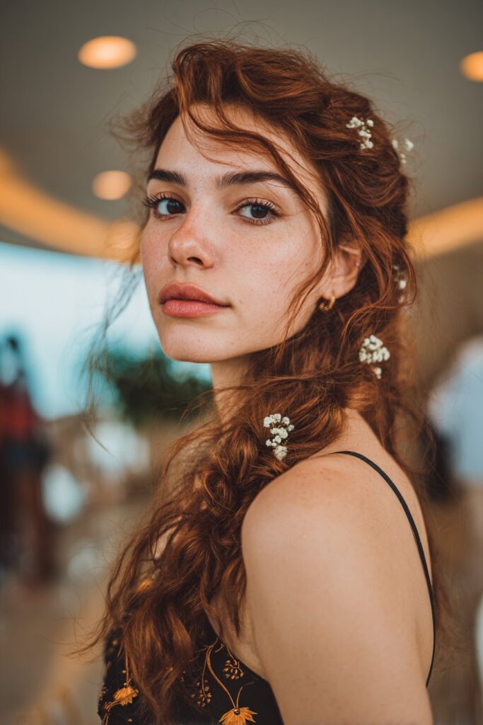 Prom hairstyle side part with boho side braid and flowers