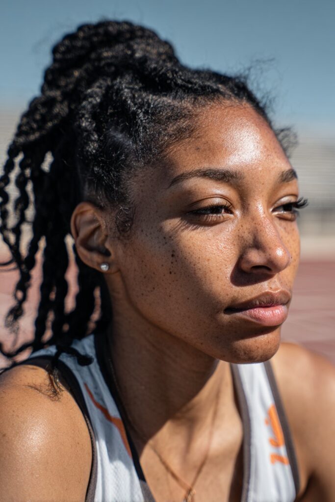 Hairstyle for track meets pulled back box braids