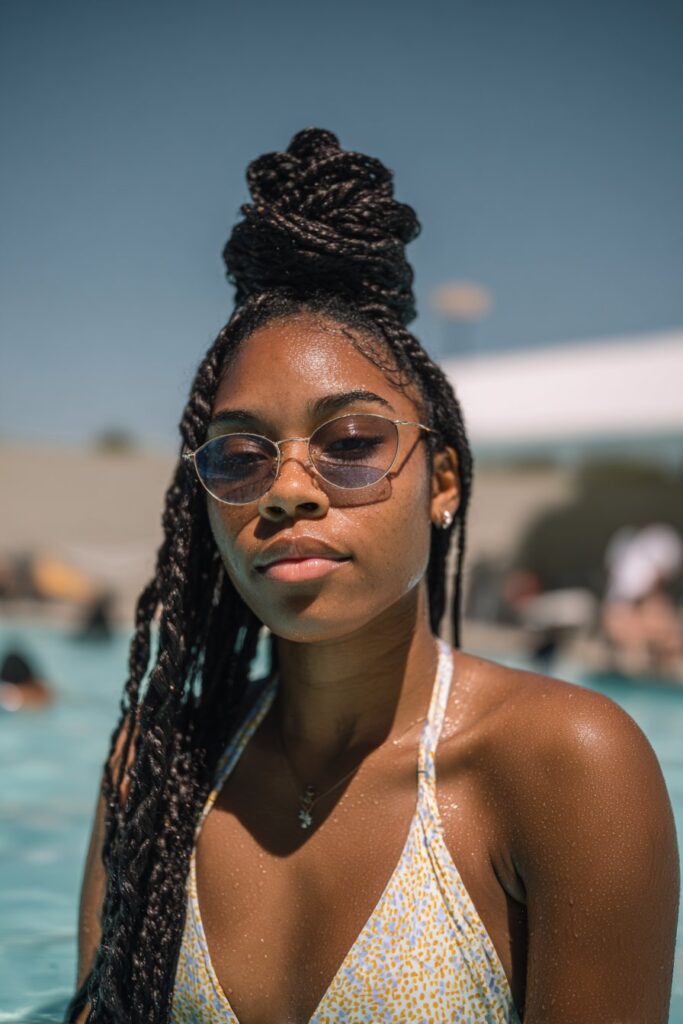 Braided bun protective hairstyle for pool and beach
