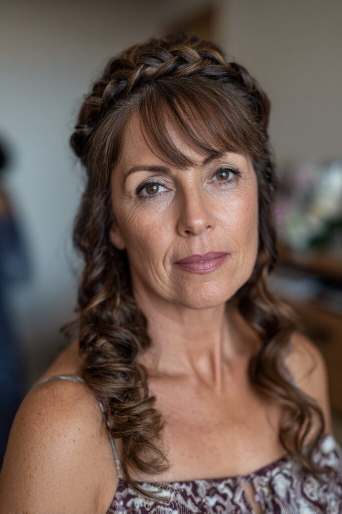Braided crown mother of the groom hairstyle with soft texture"