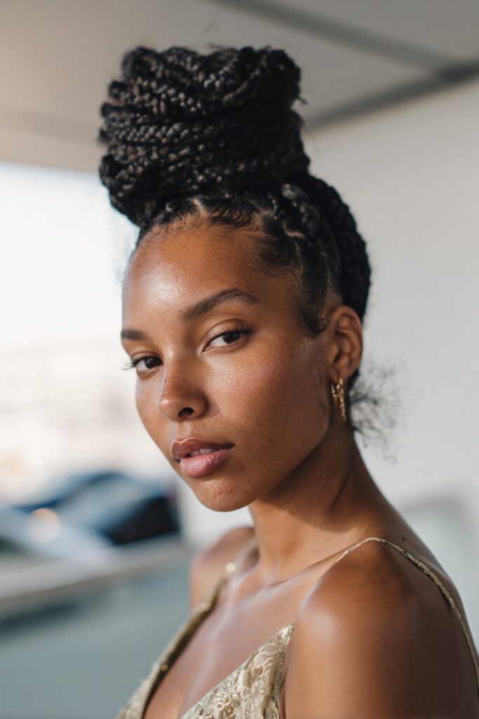 Prom updo hairstyle black hair braided crown