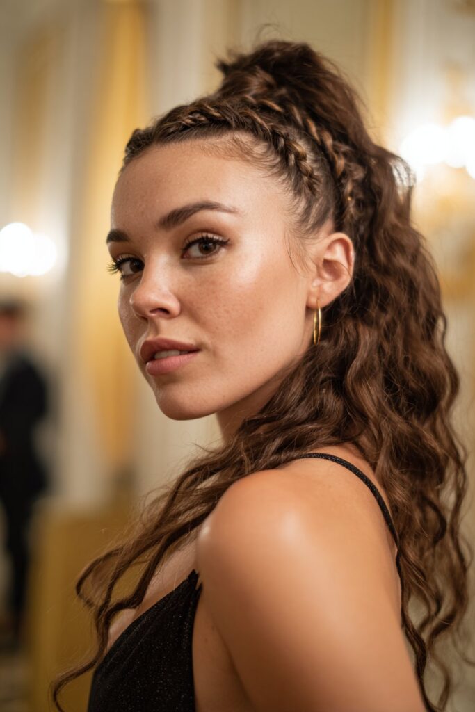 Prom hair ponytail braided crown into high ponytail