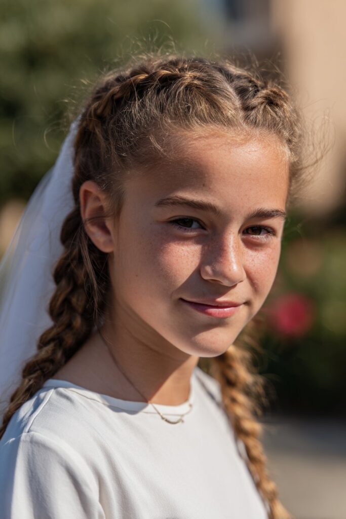 First communion hairstyle with veil braided crown