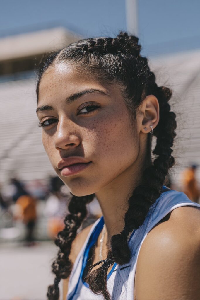Hairstyle for track meets bubble braid ponytail