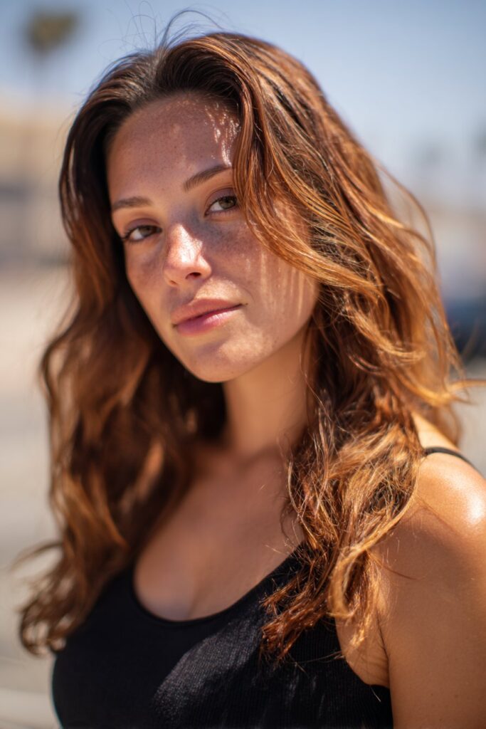 Caramel sunkissed brunette hair with warm dimension