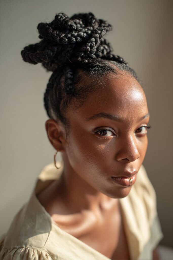 Prom updo hairstyle black hair classic braided bun