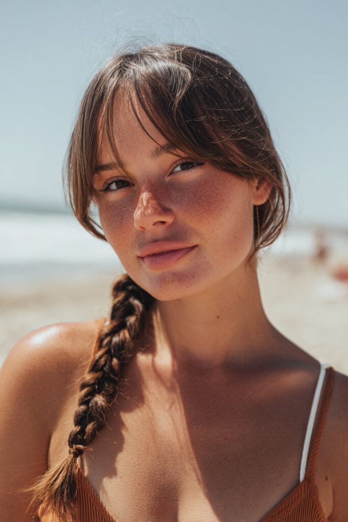 Classic French braid tanning hairstyle for sunbathing