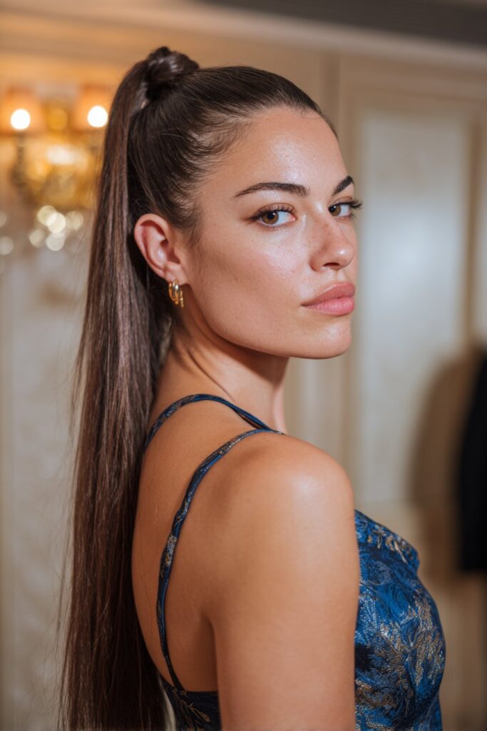 High ponytail prom hair straight with wrapped base