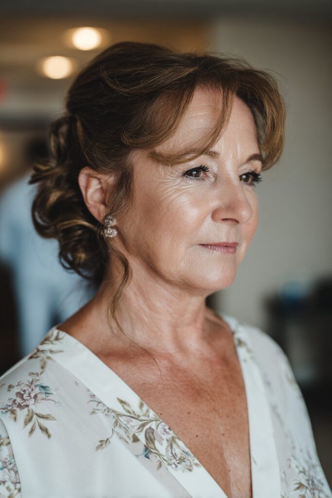 Classic low chignon mother of the groom hairstyle with soft tendrils