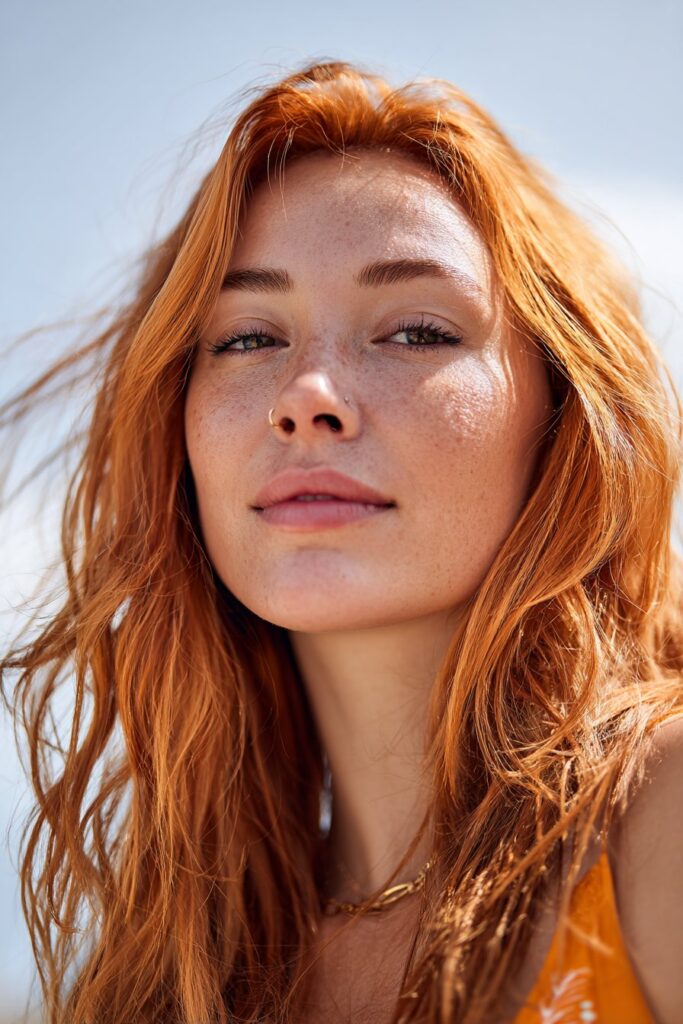 Light cherry cola summer red hair color with glossy finish