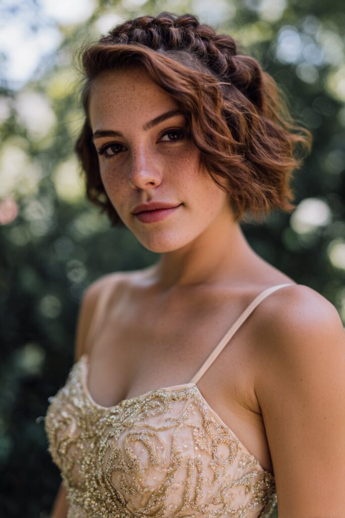 Prom hair idea for short hair crown braid with curls