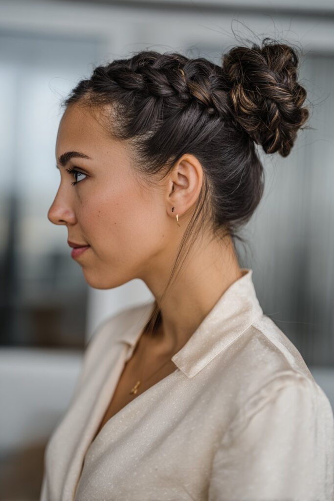 Double braided bun formal updo hairstyle