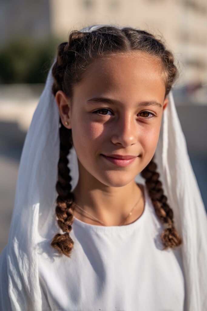 First communion hairstyle with veil double braids