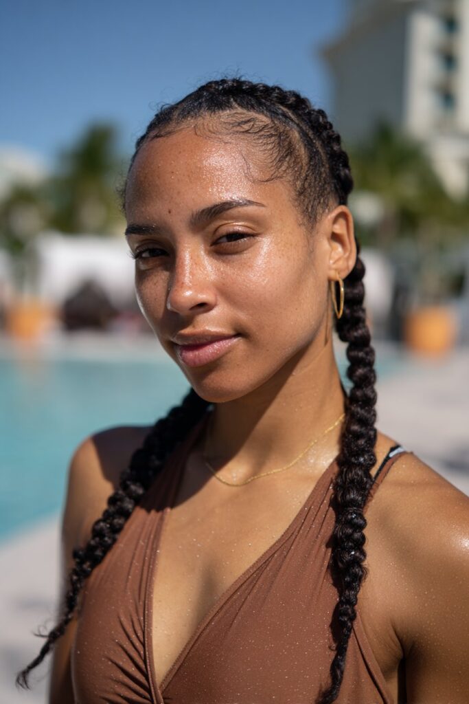 Double French braids protective hairstyle for pool swimming