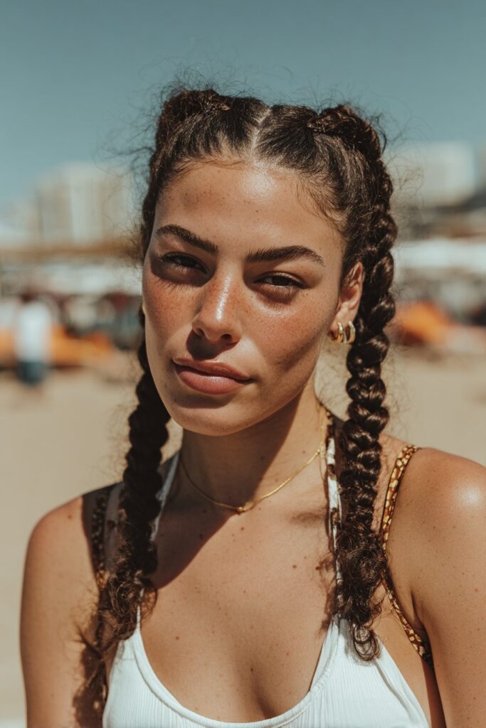 Double Dutch braids tanning hairstyle for even tan