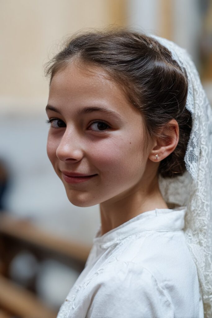 First communion hairstyle with veil elegant low bun