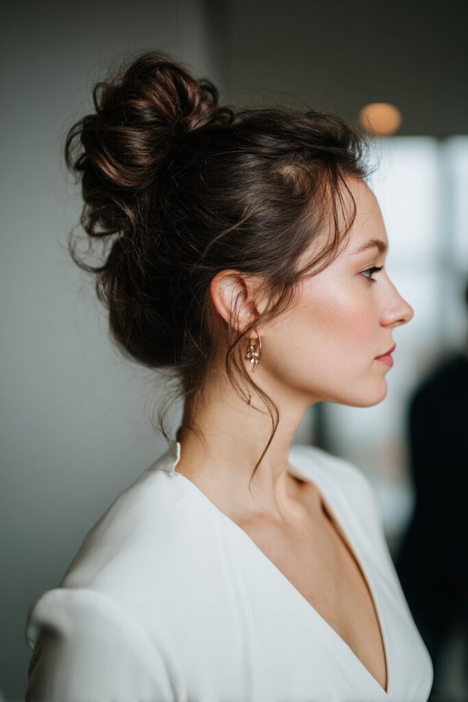 Elegant sock bun formal hairstyle with smooth finish