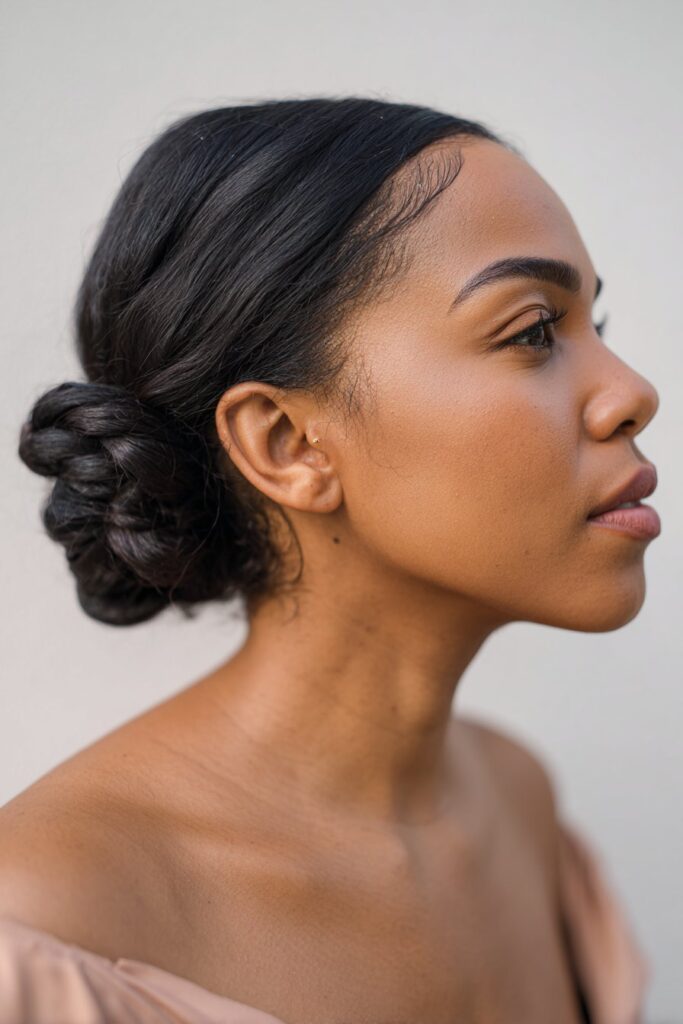 Prom updo hairstyle black hair elegant twisted low bun