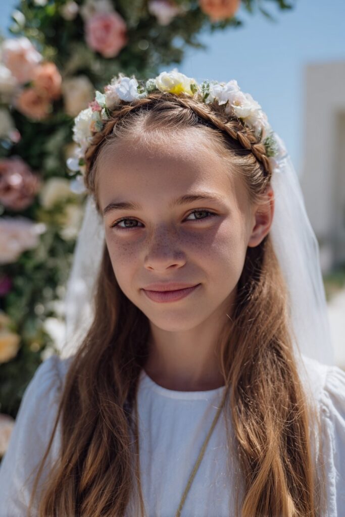First communion hairstyle with veil fishtail braid