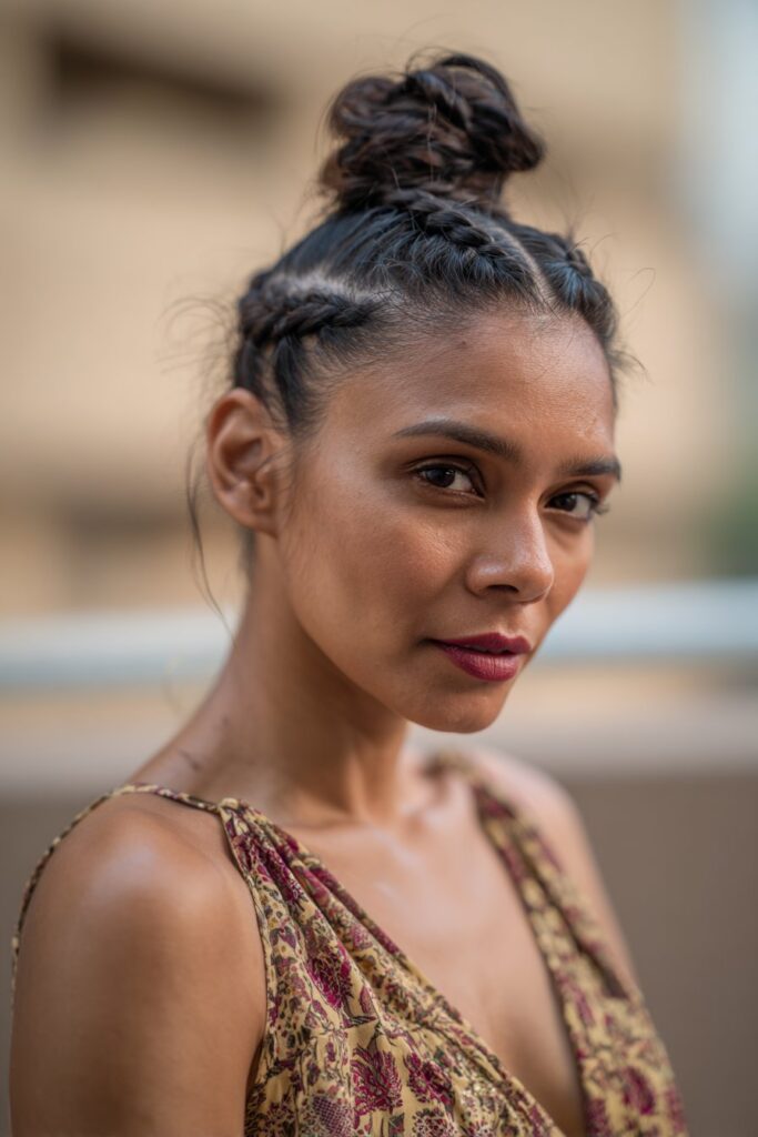 Fishtail braided topknot formal bun hairstyle