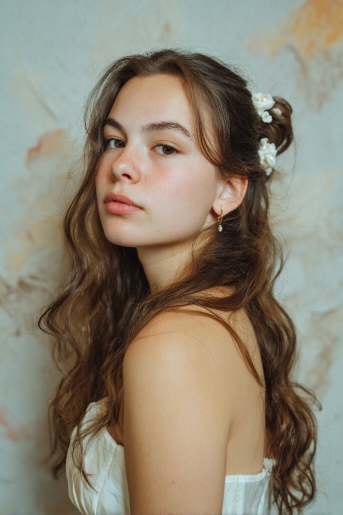 Flower accent half up hairstyle with soft romantic waves