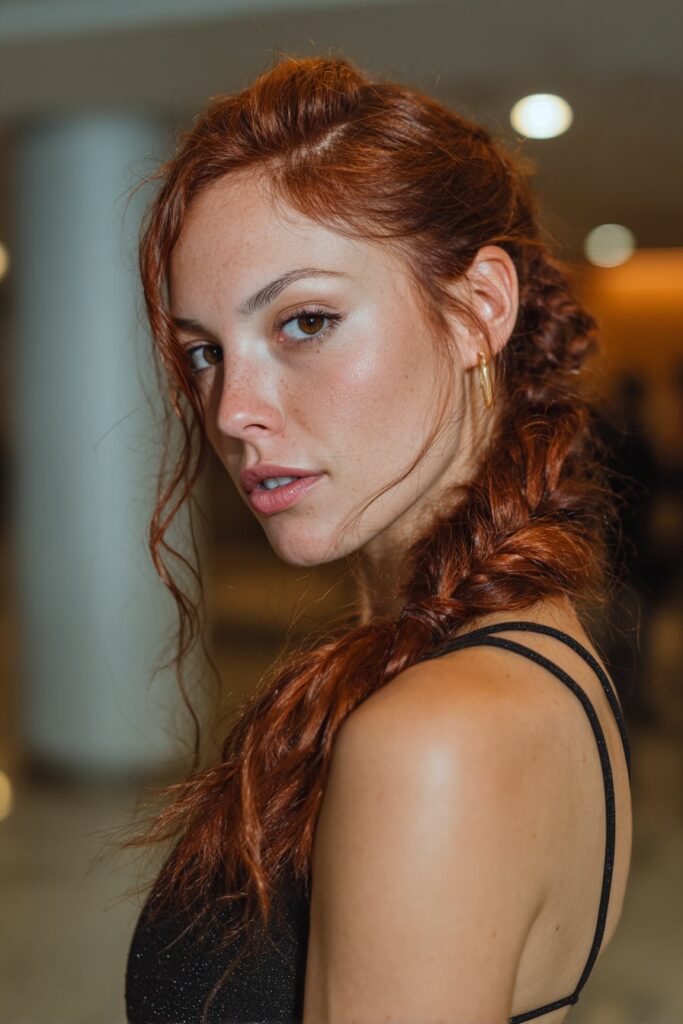 Prom hairstyle side part with French braid to side ponytail