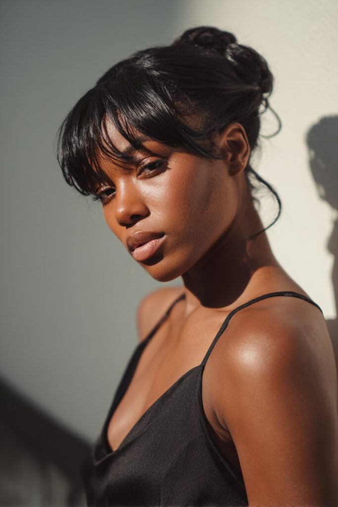 Prom updo hairstyle black hair modern french roll