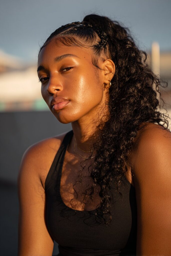 Braid ponytail hairstyle for black hair goddess braids curly ends