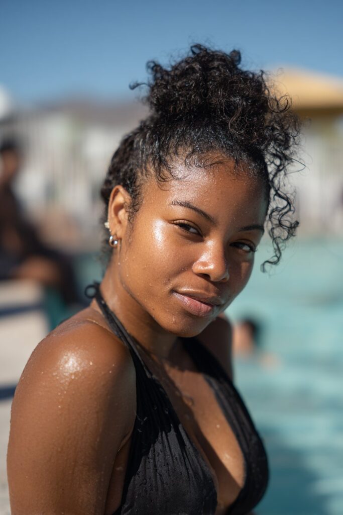 Half up half down protective hairstyle for pool"