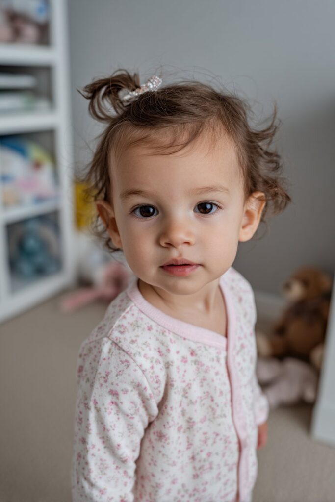 Infant baby girl short hair half up style with clip